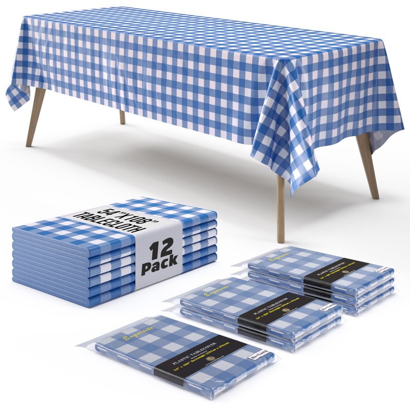 Exquisite Picnic Table Cover - 12 Pack Premium Rectangle Plastic Tablecloth - Blue & White Checkered BBQ Plastic Table Cover - Gingham Checkerboard Disposable Plastic Tablecloth 54" x 108" Rectangle - Image 1